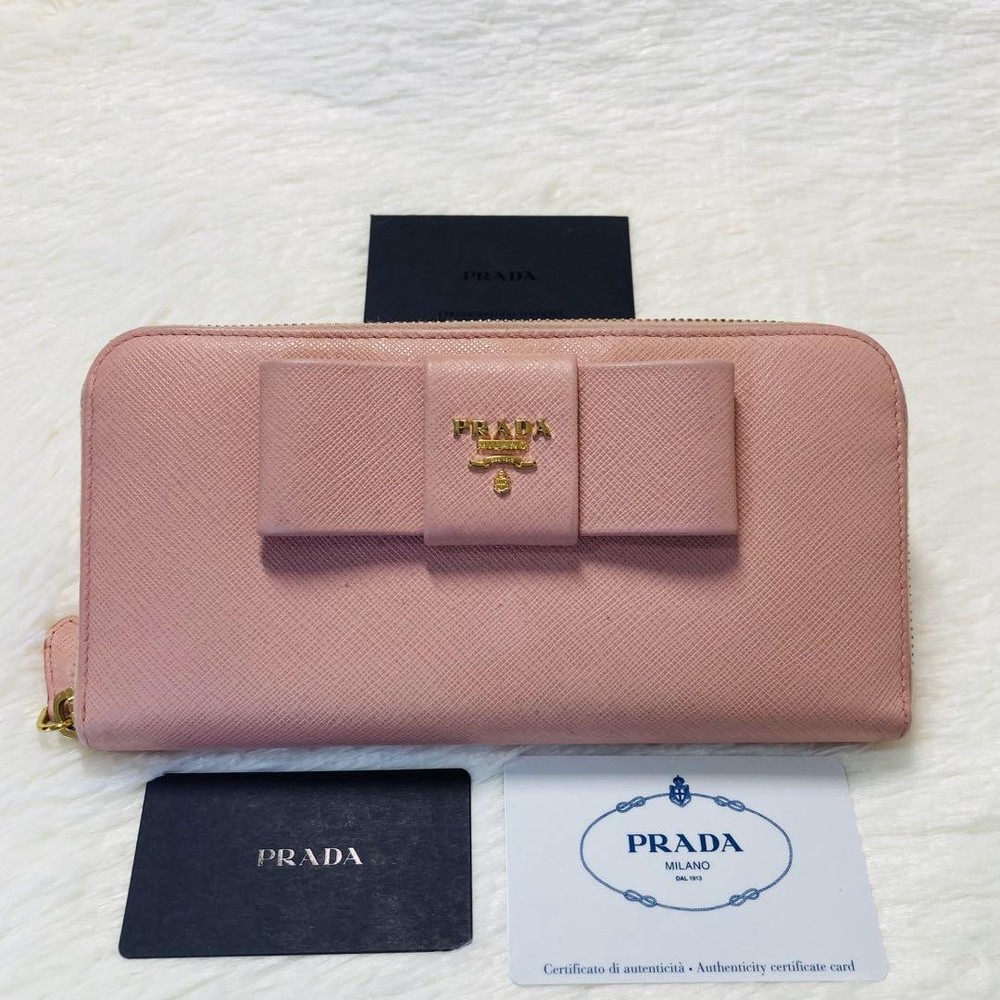 PRADA Ribbon Round Zipper Long Wallet in Pink Beige