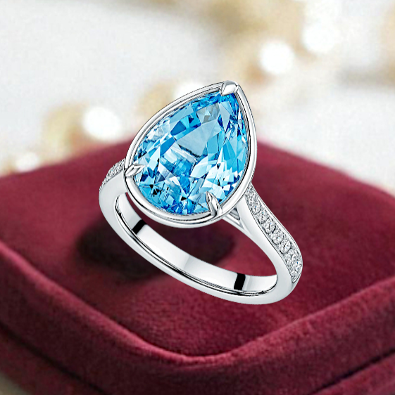 14K White Gold 7.25 Carat Pear Cut Aquamarine Lab Grown Diamond Engagement Ring