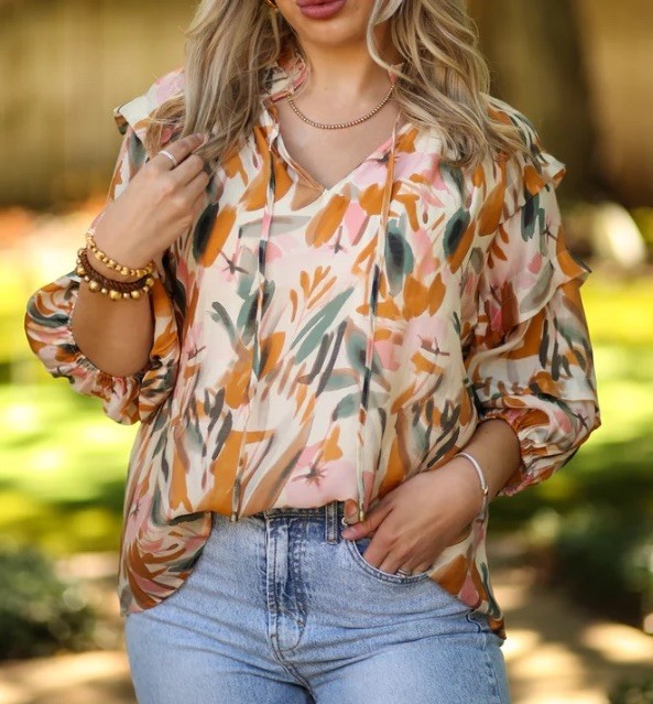 Entro  Colorful V Neck Top Size S Bohemian Floral Fully Lined  Loose Fit NWT