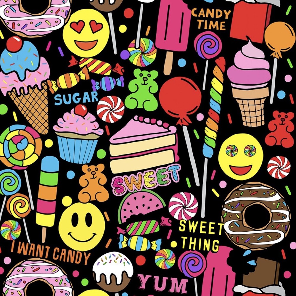 I Want Candy Sweets Multicolor/Black 100% Cotton Fabric by The Yard