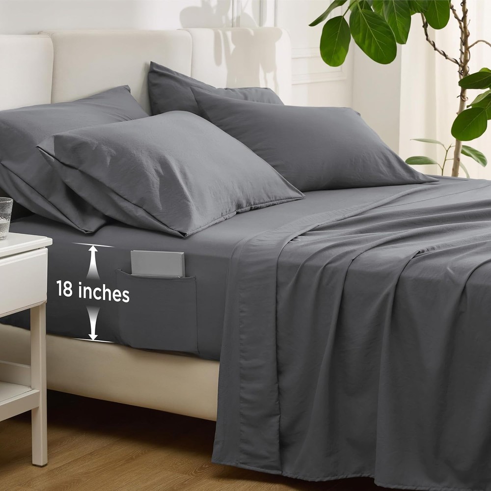 Bedsure Deep Pocket Queen Sheets 6-Piece Set Ultra-Soft Prewashed Grey Fits Queen Mattress Perfectly