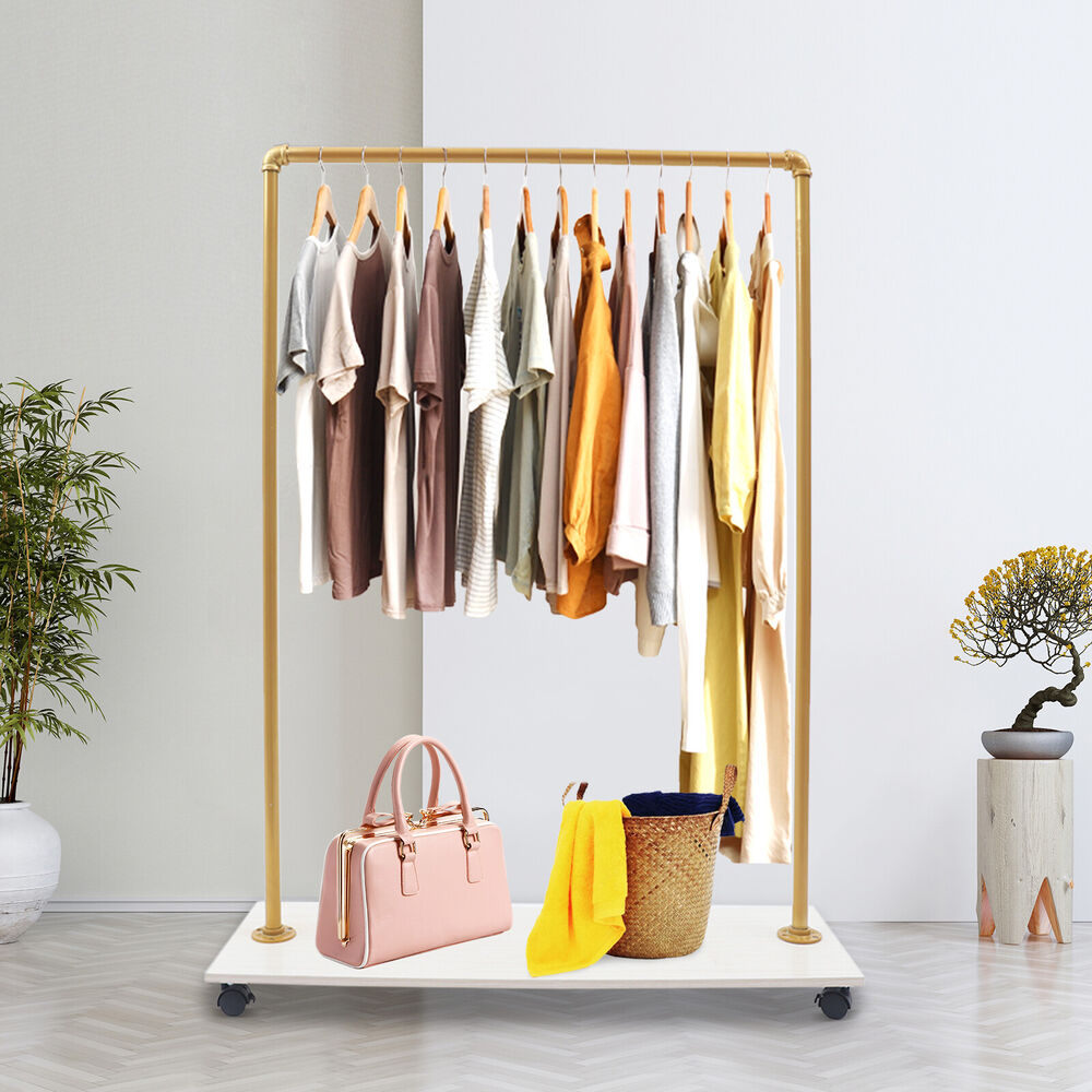 Gold Metal Pipe Garment Clothes Display Hanger Rack Floor Freestanding W/Wheel