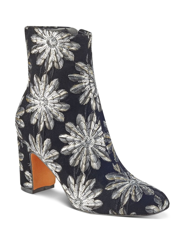 MARC FISHER Womens Silver Fabric Black Embroidered Grazie Booties 6 M