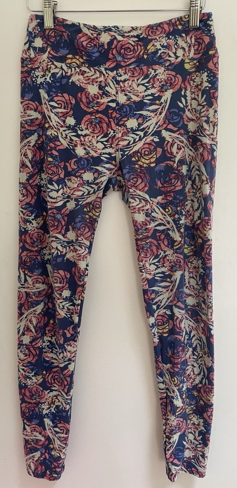 LuLaRoe Womens Allover Floral Polyester Blend Full Length Leggings Navy One Size