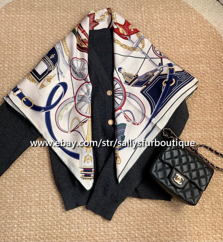 Sally Boutique 14~18 Momme Twill Silk Wrap Scarf Carriage Print Square Shawl 35