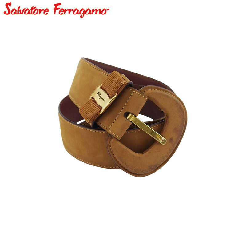 Salvatore Ferragamo Belt Beige Leather x Gold Material Authentic Used C4592