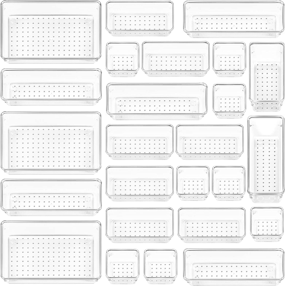 25 PCS Clear Plastic Drawer Organizers Set, 4-Size Versatile Bathroom and Vanity