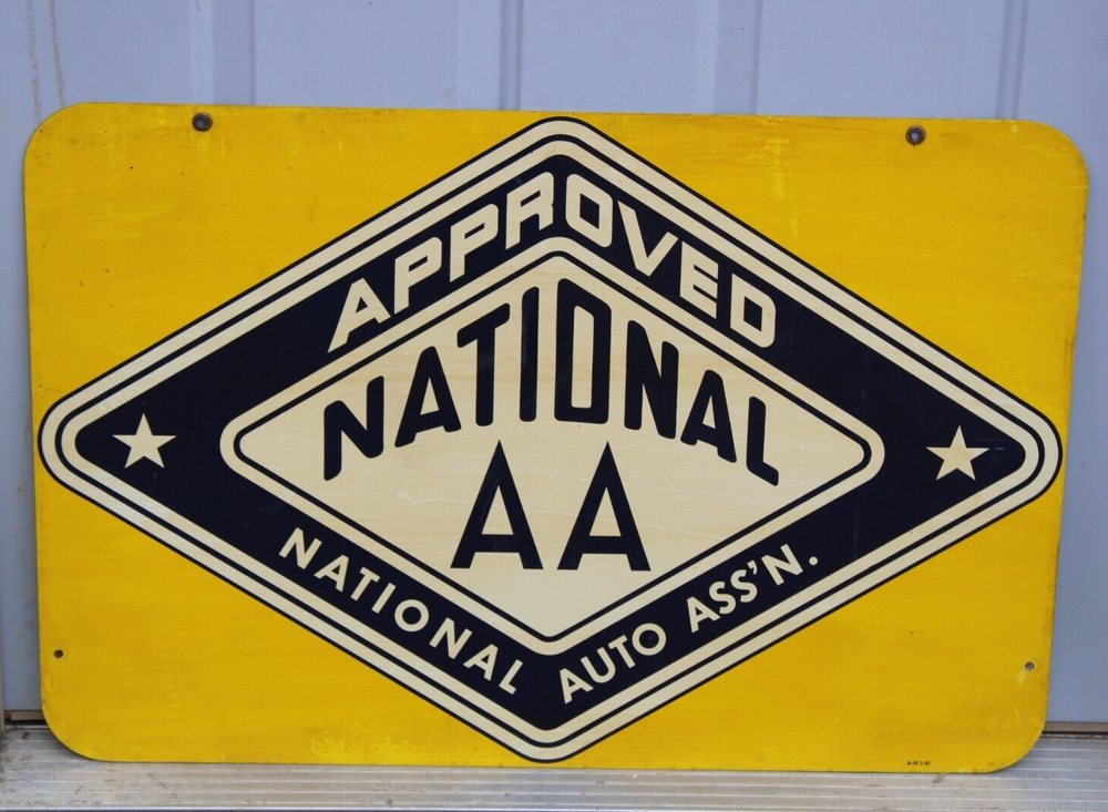 NICE dated 1982 NATIONAL AA AUTO ASS'N. Old 30x20 Dbl Sided Gas Station Tin Sign