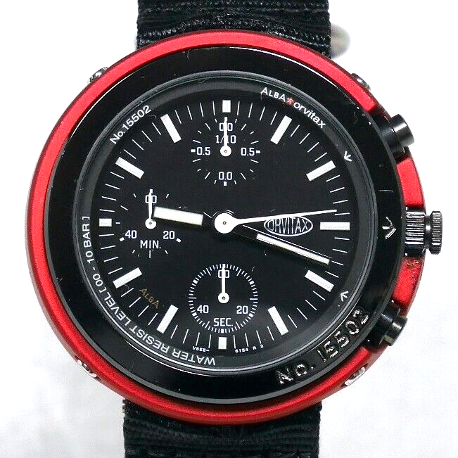 SEIKO ALBA ORVITAX V655 Chronograph Black Red Case Luminous Japan 1999