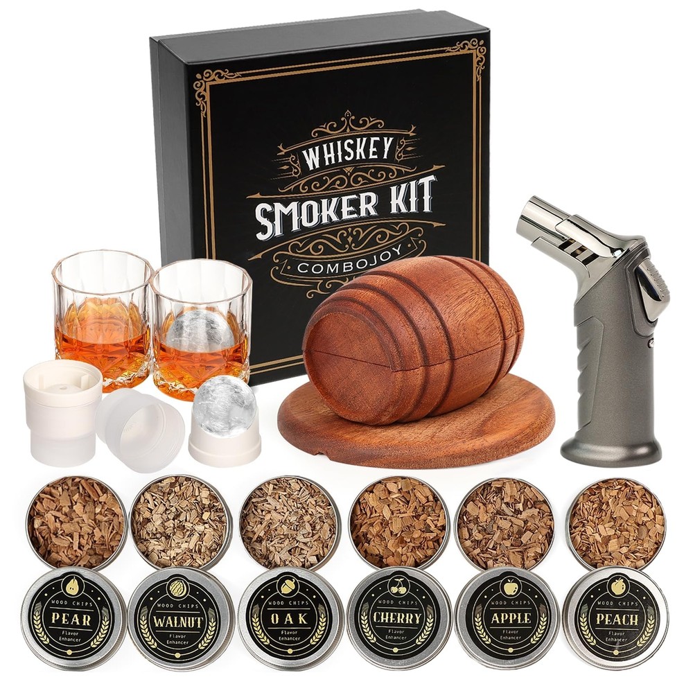 Whiskey Smoker Kit with Torch 6 Wood Flavors 2 Glasses Ice Balls