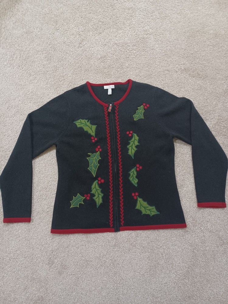 Charter Club Christmas Holly Zip Up Sweater Lambswool Size:L