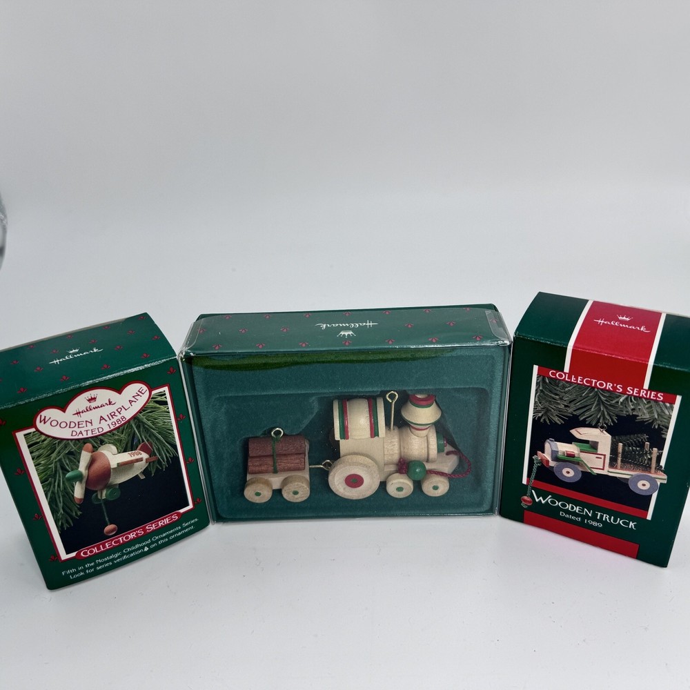 Hallmark Wooden Train Truck Plane Pull Toy Ornament Vintage 80s Collectible Lot