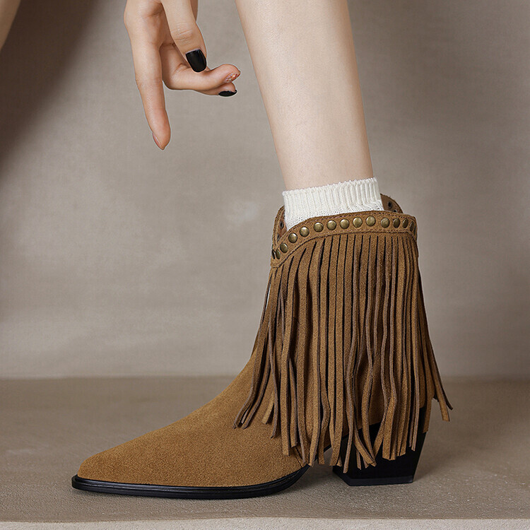 Women's Fashion Suede Western Boots with Tassels and Studs Block Heel