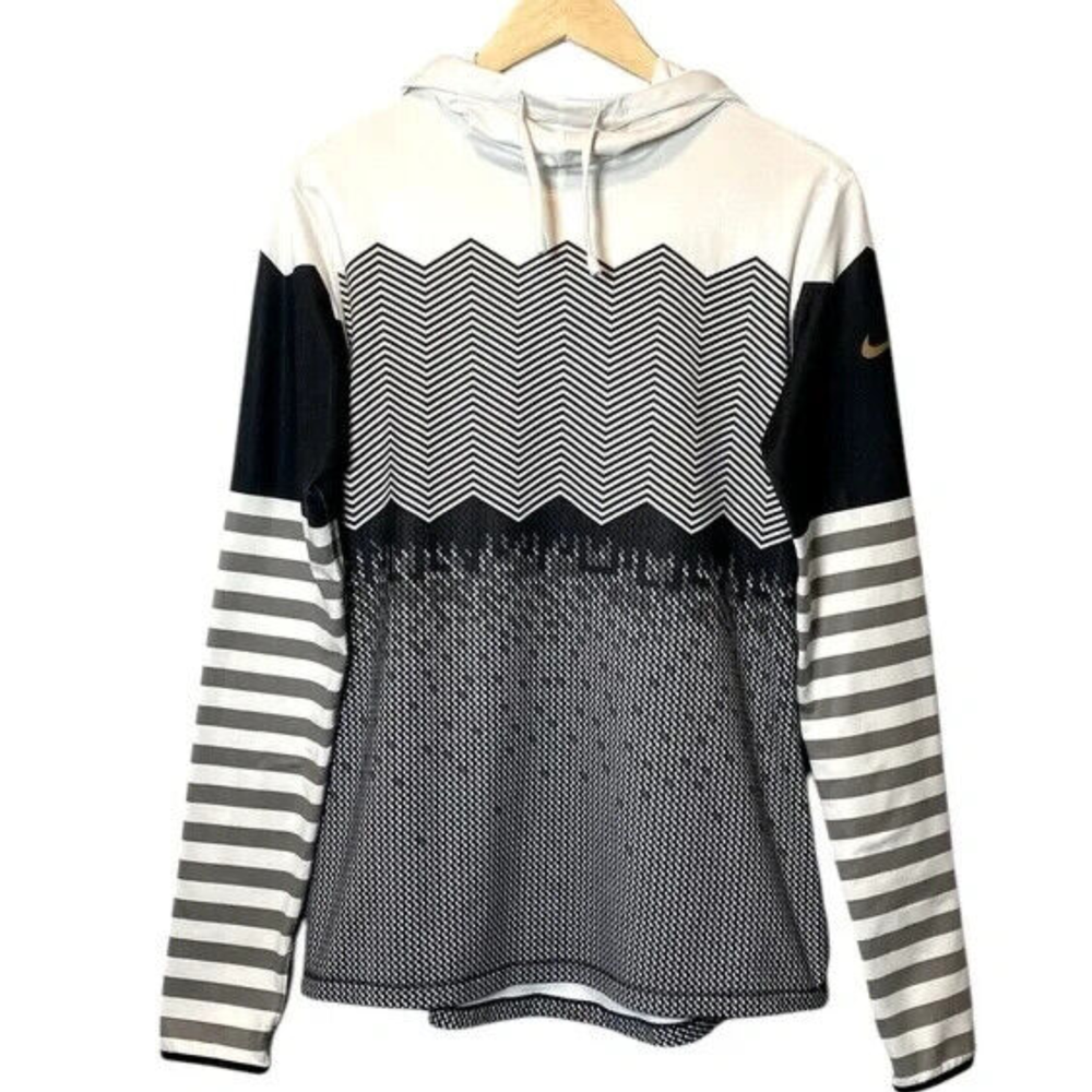 Nike Pro Dri Fit Long Sleeve Hooded Pullover Fit Black and Gray Printed Large