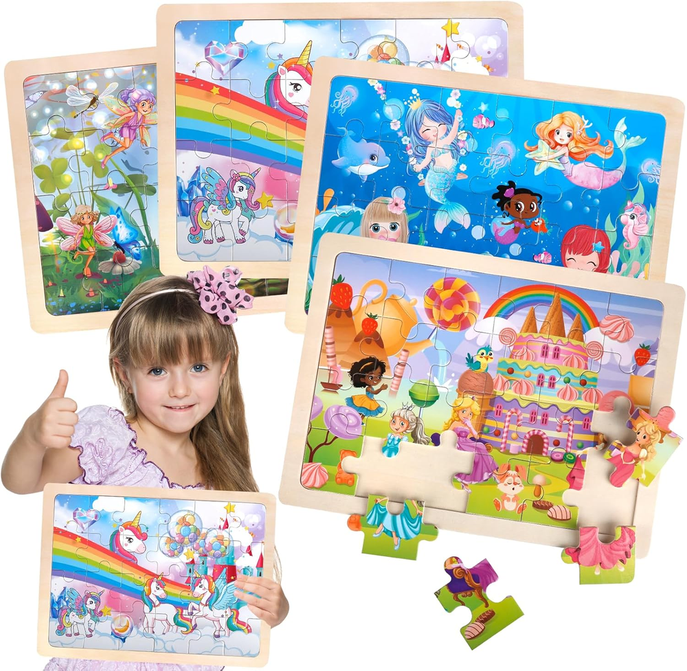 Jigsaw Puzzles Wooden Puzzles for Girls Ages 3-5 Unicorn Mermaid Princess Fairy