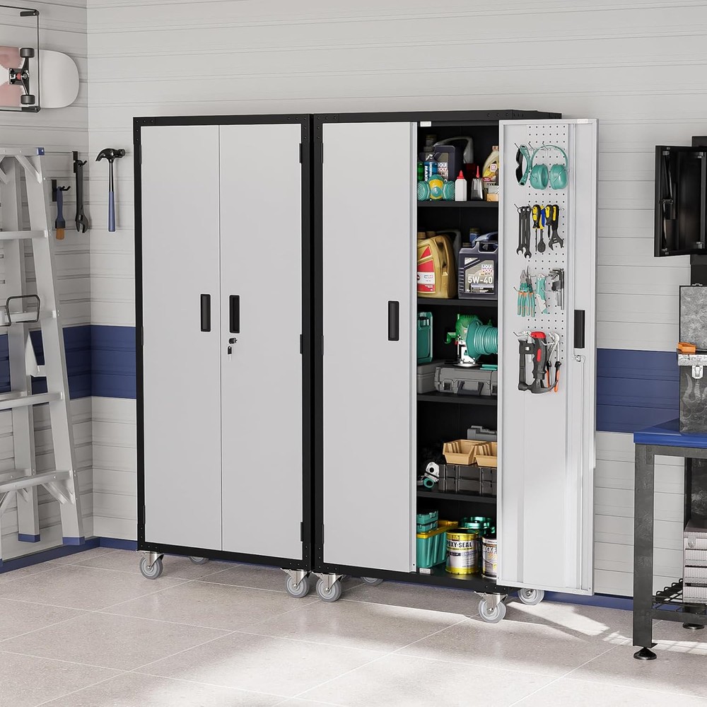 72-Inch Tall Garage Storage Cabinet with Pegboards Shelves and Locking Doors in Silver