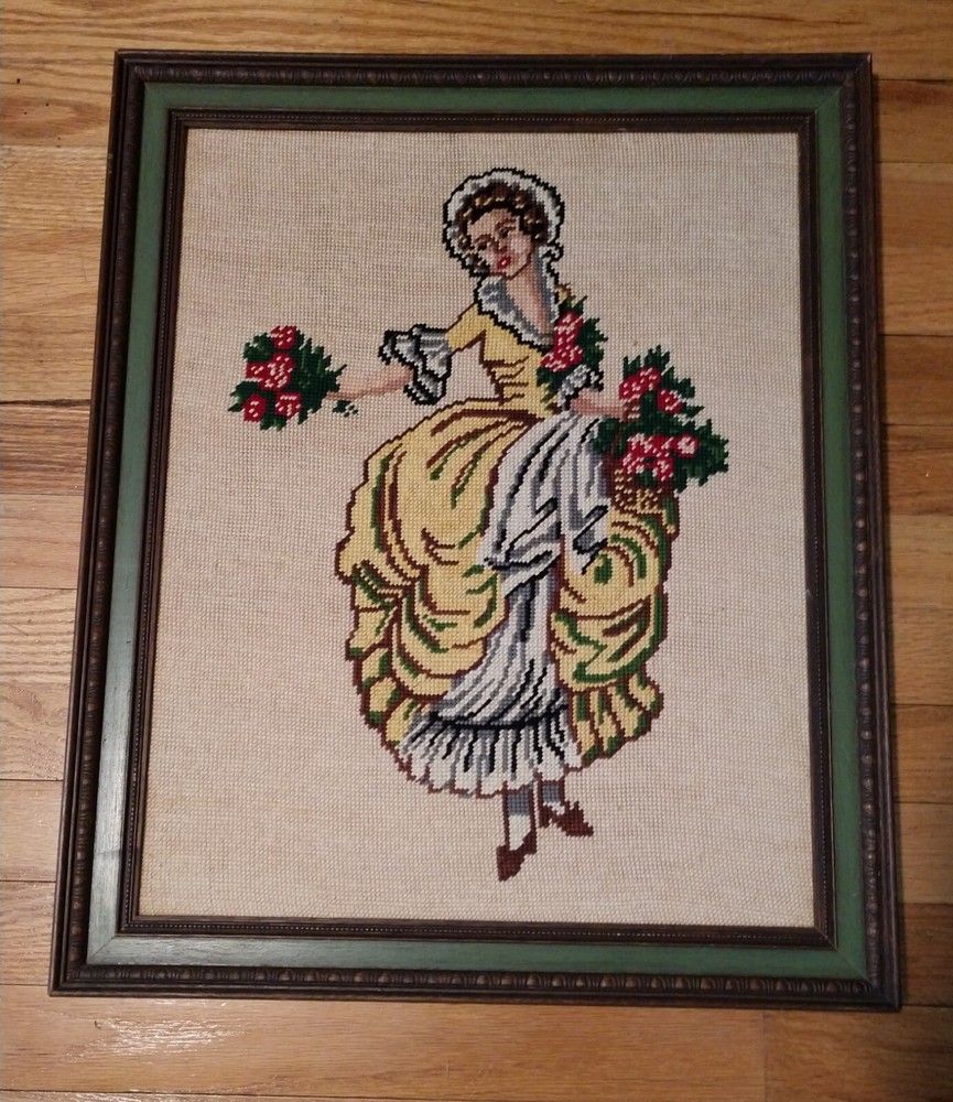 Vintage Victorian floral needlepoint framed art 22.5x19 inches