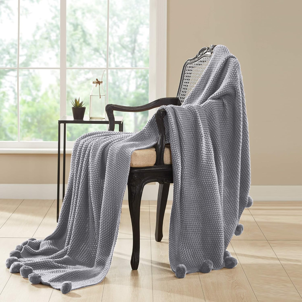 Soft Gray Knitted Bed Sofa Throw with Pom Poms 50x60 Inches