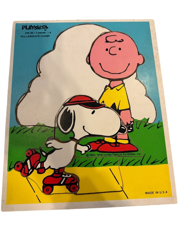 1950s Playskool Roller Skate Champ Peanuts Wood Puzzle 230-20 Vintage Toy
