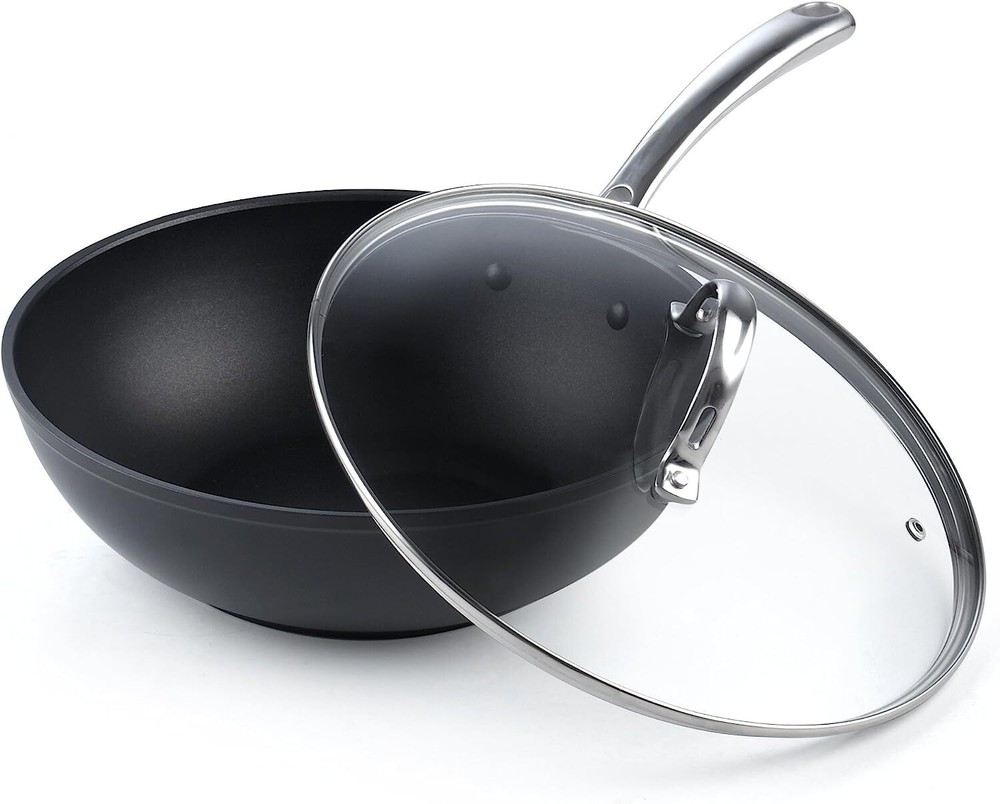Nonstick Stir-Fry Wok Pan 11-Inch, Hard Anodized Deep Frying Pan with Glass L...
