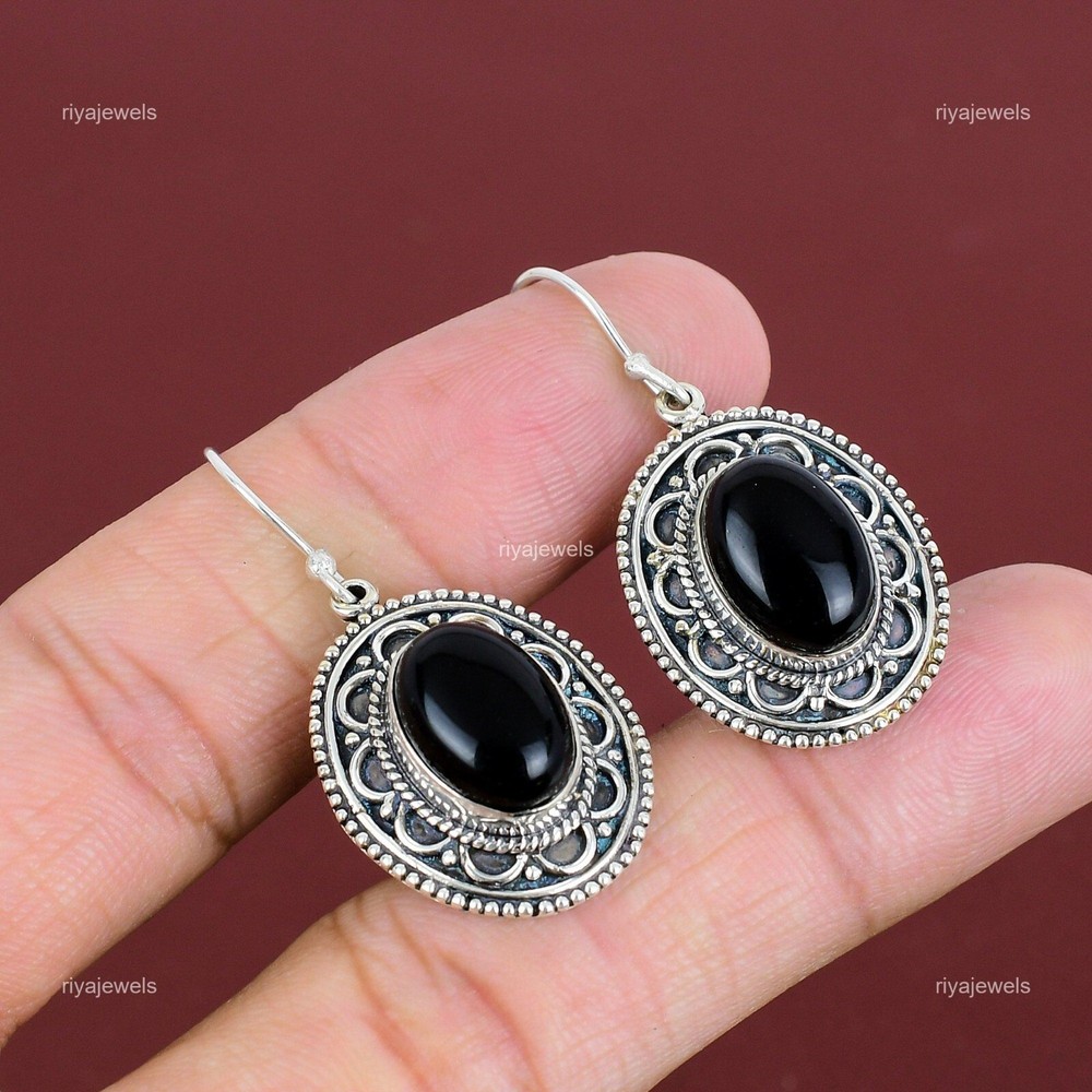 Cyber Monday Sale 925 Silver Oval Black Onyx Gemstone Dangle Hook Bezel Earrings-image