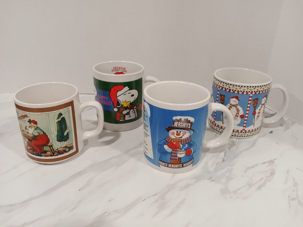4 Christmas Mugs Set - Hershey, Snoopy, Snowman & Santa Designs