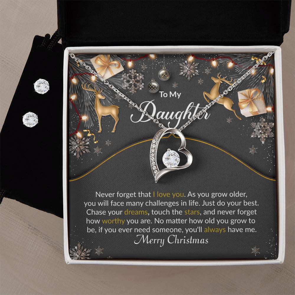 Christmas Reindeer Black Daughter Heart Necklace and Earring Set