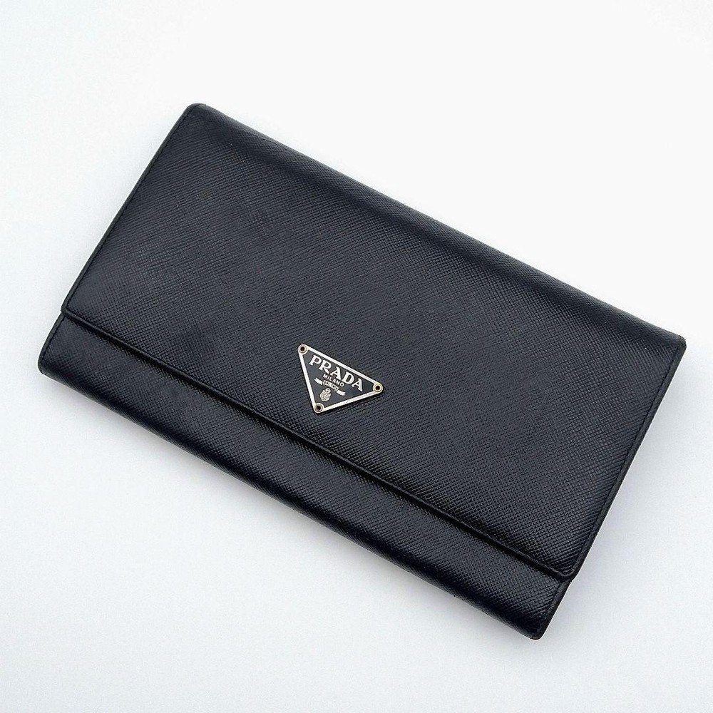 PRADA Saffiano Leather Long Wallet Black Triangle Logo