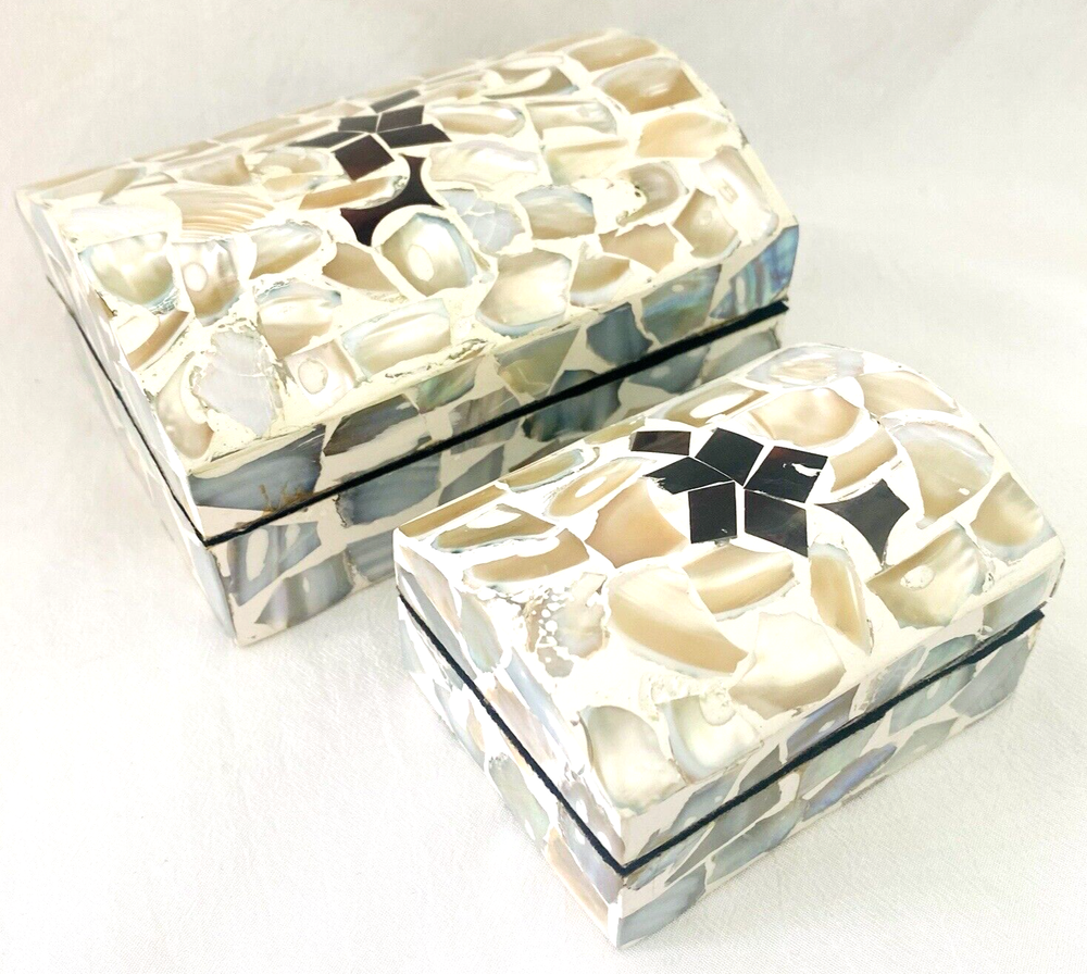 Vintage Mother of Pearl Mosaic Double Nesting Trinket Boxes  -image