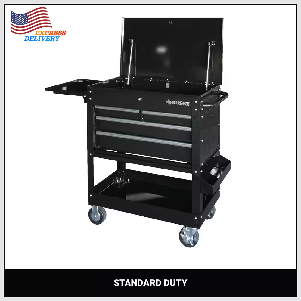 33-Inch Husky Mechanics Cart with Side Table & Bottle Tray for Tool Storage