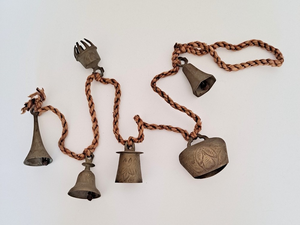 Vintage Etched Brass Bells on a rope - 6 different Styles - Original Clangers