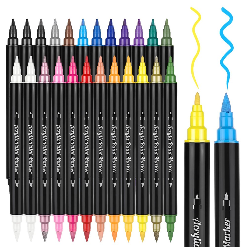 BADCOLOR 24 Dual Tip Acrylic Paint Pens Markers, Metallic and Extra Black & W...