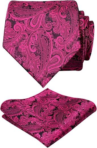 Men's Black & Hot Pink Paisley Floral Woven Necktie & Pocket Square Set