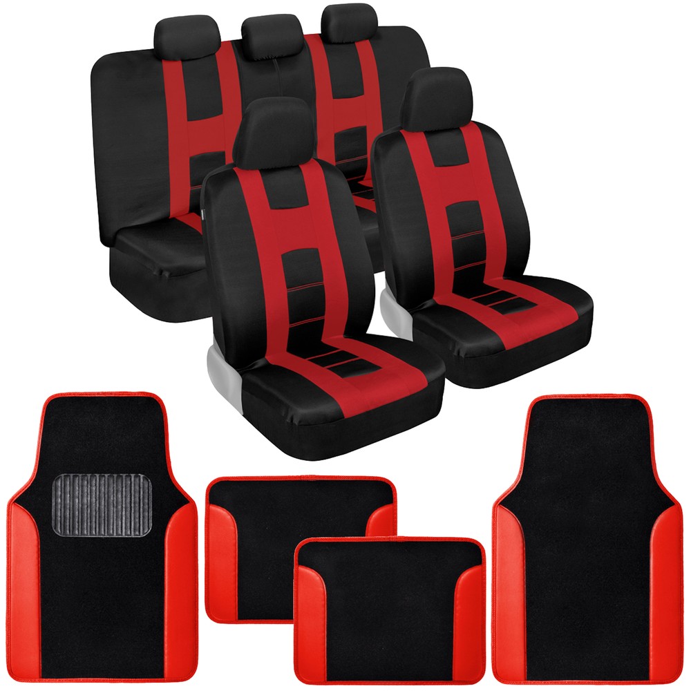 BDK Red Poly Car Seat Covers Full Set Combo with Black & Red Carpet Floor Mats