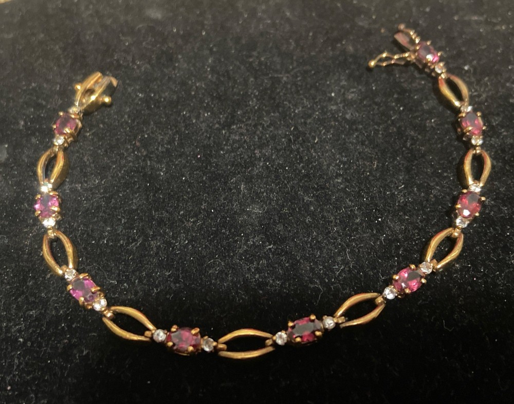 VTG  925 STERLING SILVER VERMEIL  GARNET  & Diamond Accent TENNIS BRACELET 7.5