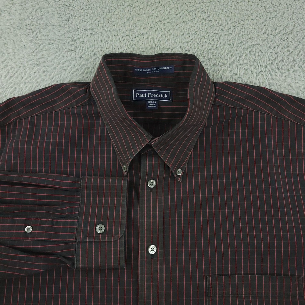 Paul Fredrick Shirt Mens 17.5-33 Black Red Stripe Trim Fit Cotton Button Up