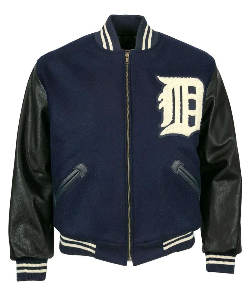 Detroit Tigers 1955 Blue Wool & Black Leather Letterman Jacket with Free Shipping