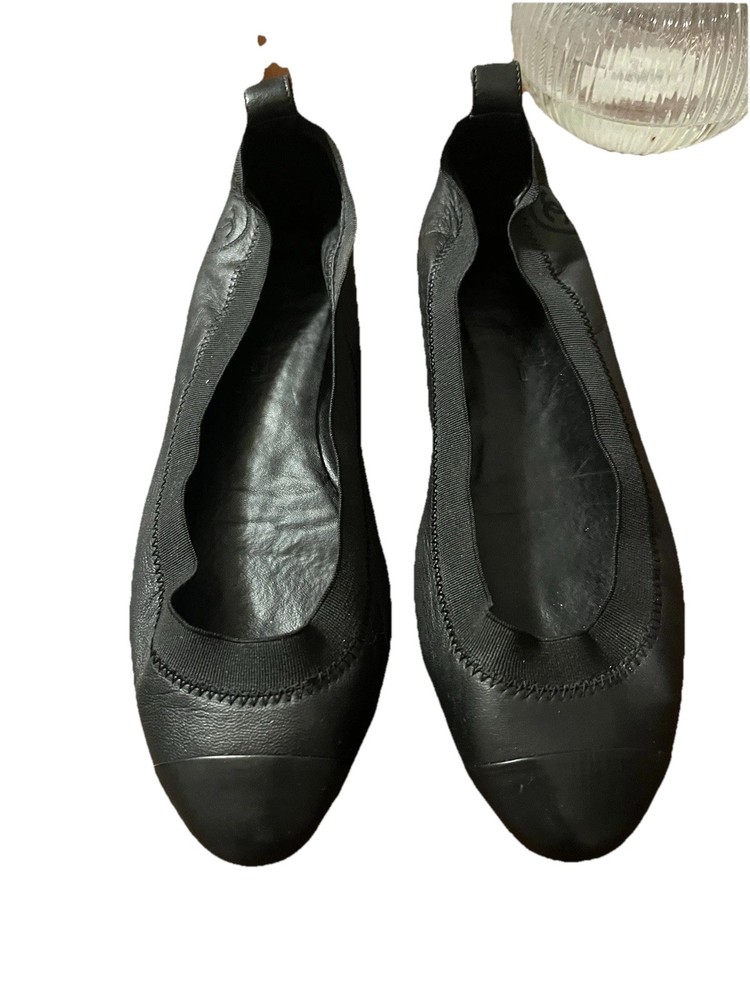 Chanel Ballet Flats 37.5 CC Logos Black Patent Cap Toe Elastic Trim