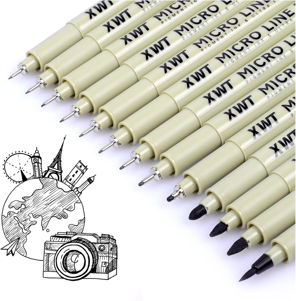 12+1 Fineliner Drawing Art Pens, Black Waterproof Pigment Ink Set for Artists, S