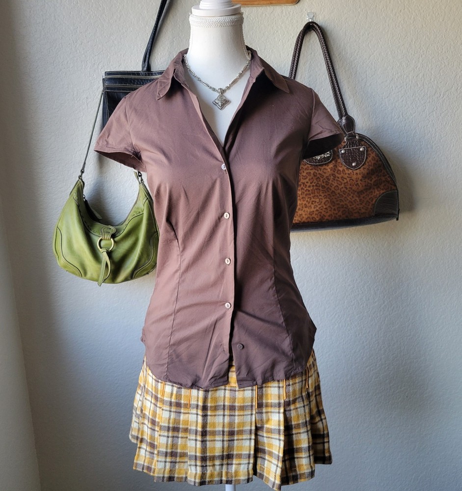 Vintage 90s Y2K Hollister Plaid Pleated Skirt Yellow Brown Clueless Cher Style Size 5