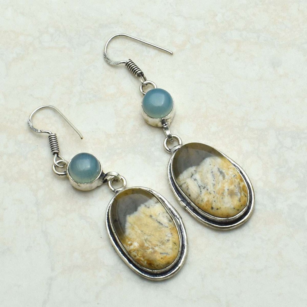 Dendrite Opal Chalcedony Gemstone Drop Dangle Earrings Jewelry Gift 2.4