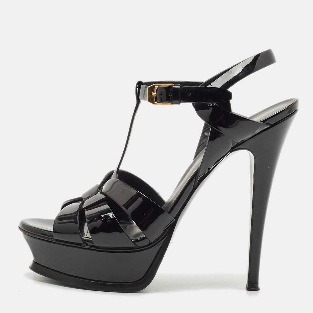 Saint Laurent Black Patent Leather Tribute Platform Sandals Size 38 EU