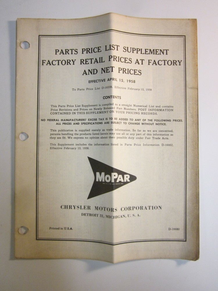 MoPar Parts Price List   1958   Supplement  Chrysler Motors Corp. Detroit