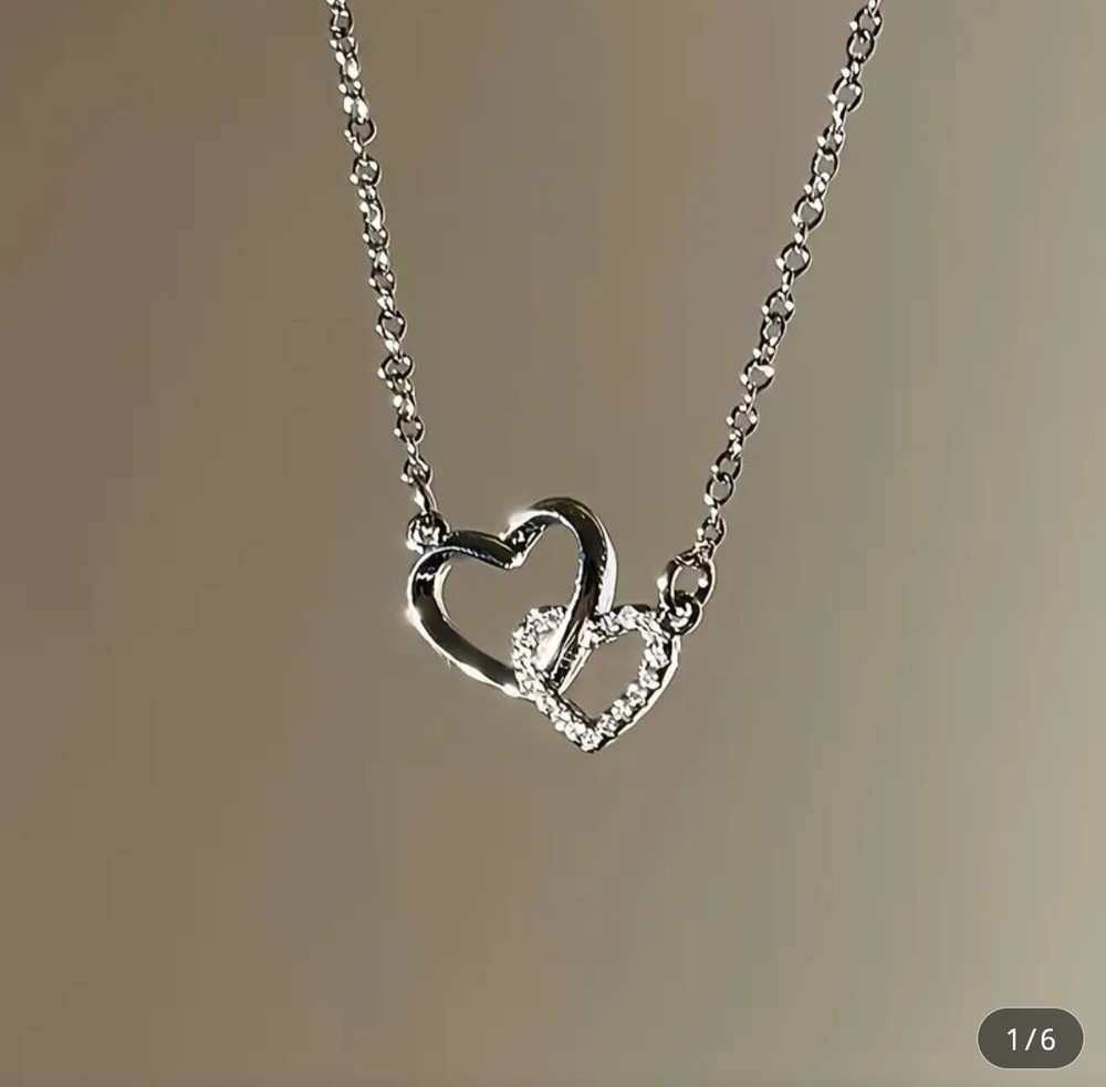 Double Heart Pendant Silver Chain Necklace for Women UK Gift-image