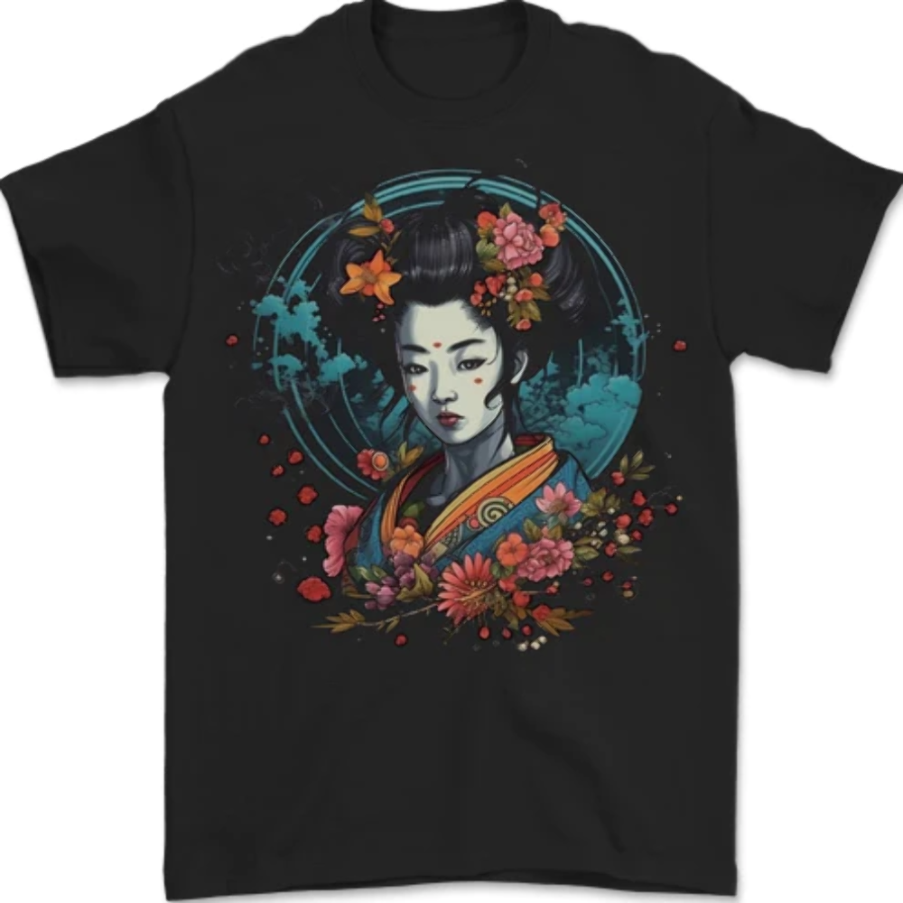 Geisha Girl With Flowers Fantasy Mens T-Shirt 100% Cotton