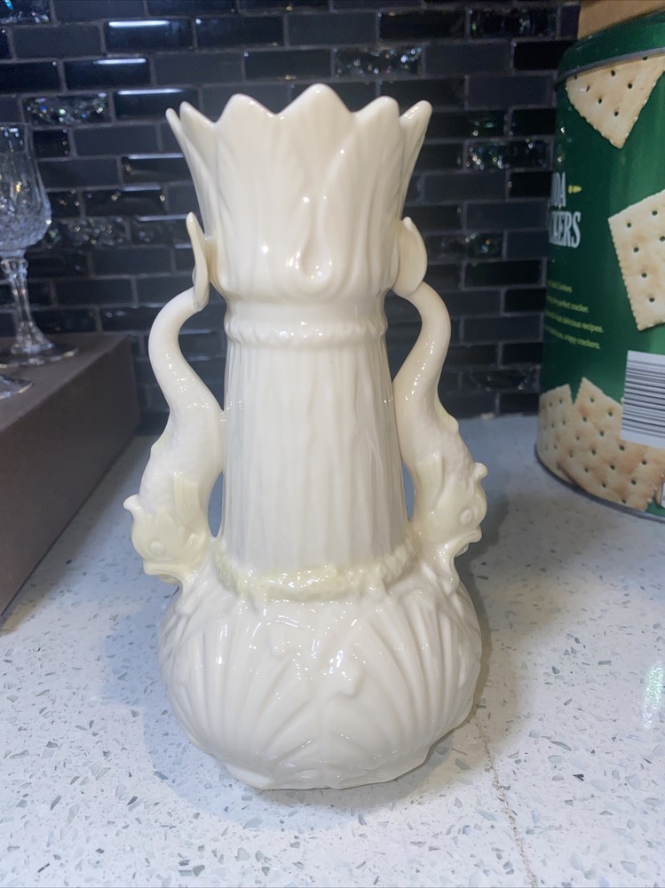 Belleek China Dolphin Spill Vase 6” Tall #0857 4th Mark 1st Green Mark 1946-1955