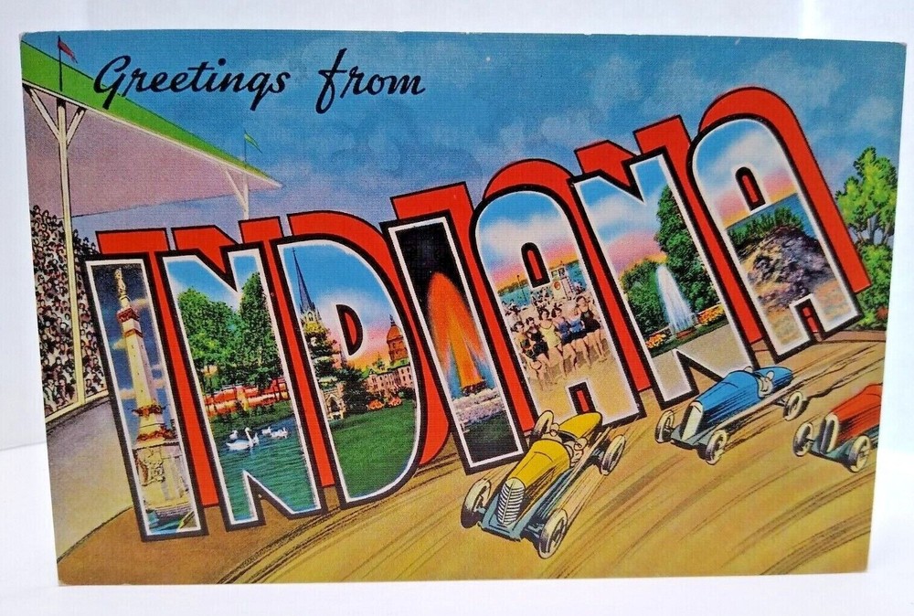 Vintage Indiana Linen Postcard with Race Cars & Speedway Design  