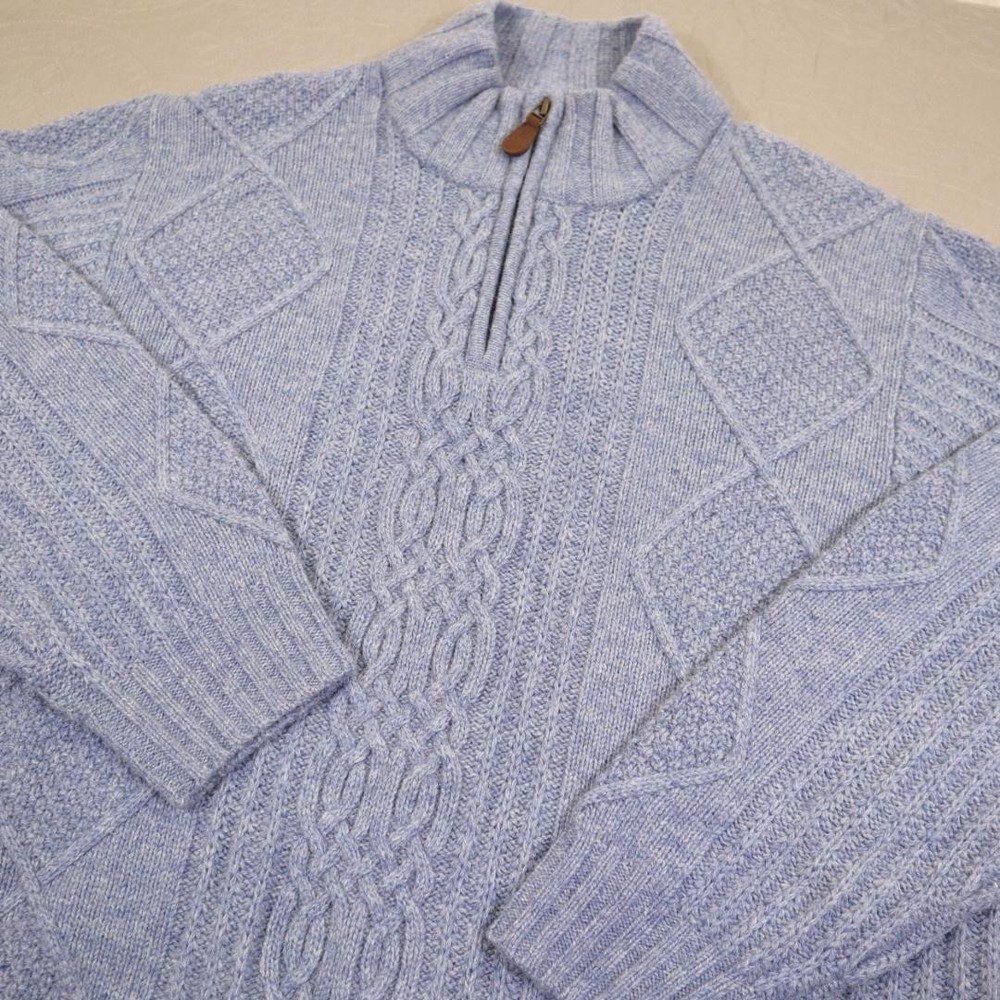 Jos A Bank Sweater Mens XL Blue Lambswool Cable Knit Quarter Zip Mock Pullover