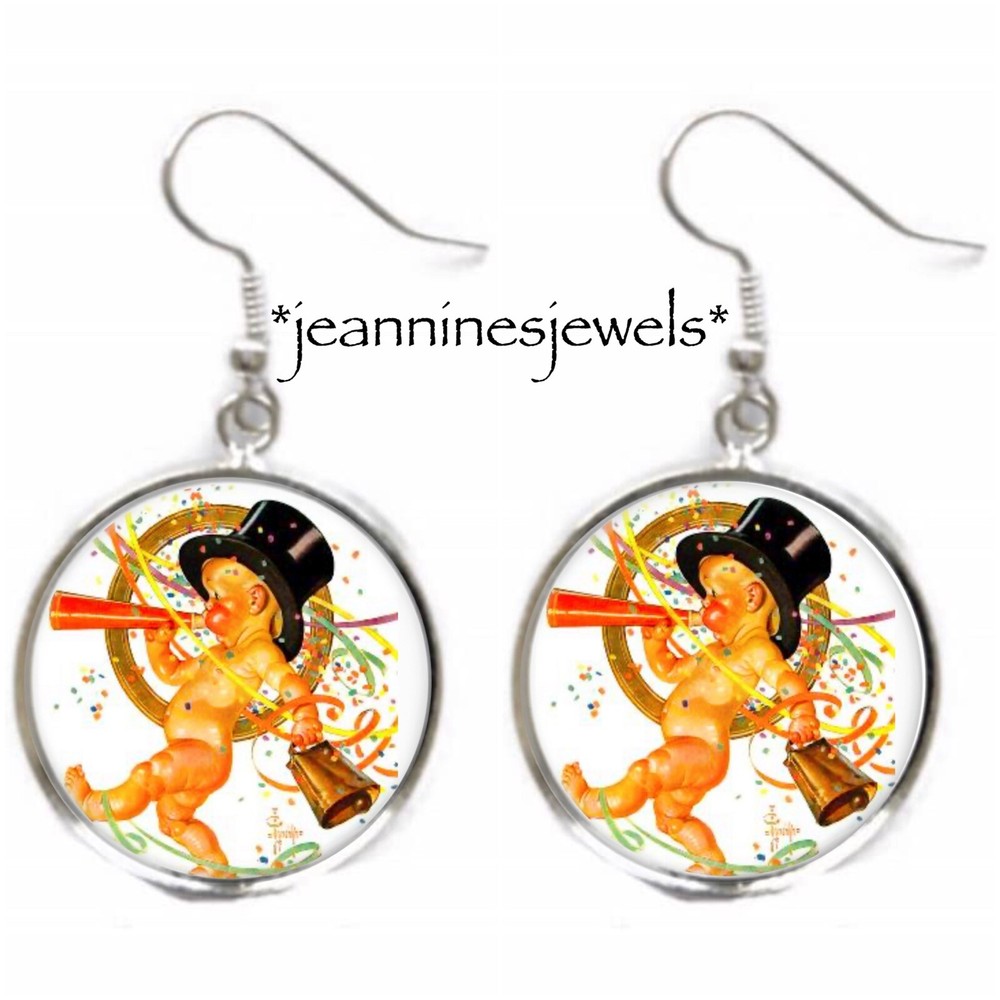 New Years Eve EARRINGS Vintage Baby New Year Art Print Silver Charm Dangle-image