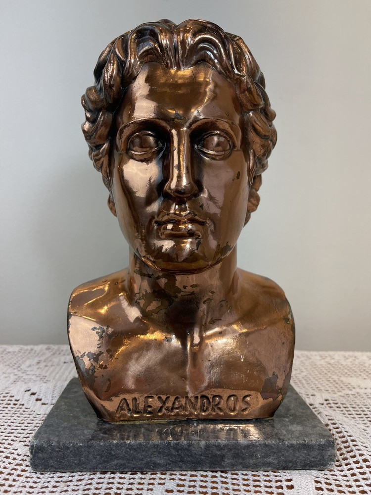 Vintage Alexander the Great Greek Macedonian copper head statue on granite base